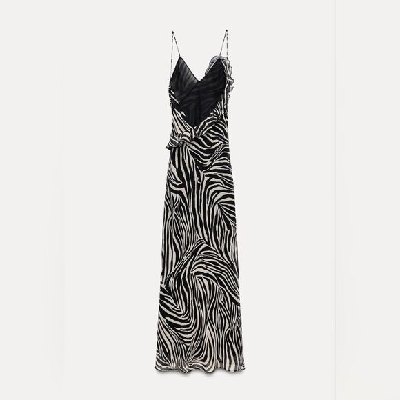 NWT ZARA RUFFLED LONGβANIMAL PRINT DRESS zebra satin maxi - Picture 15 of 16